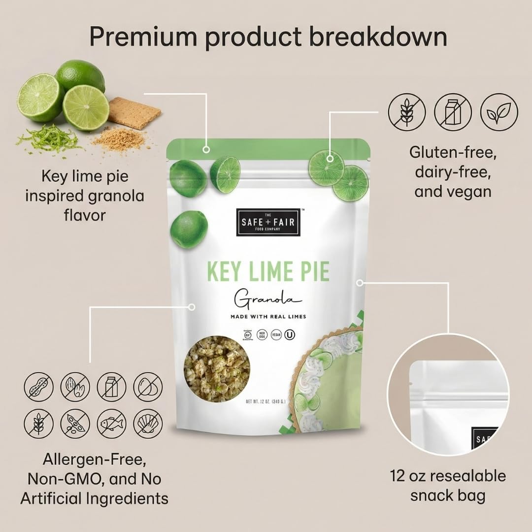 Safe + Fair Key Lime Pie Granola 12 oz - Pack of 3 - Protein Granola Cereal - Gluten Free Cereal and Oatmeal Alternative - Healthy Protein Cereal