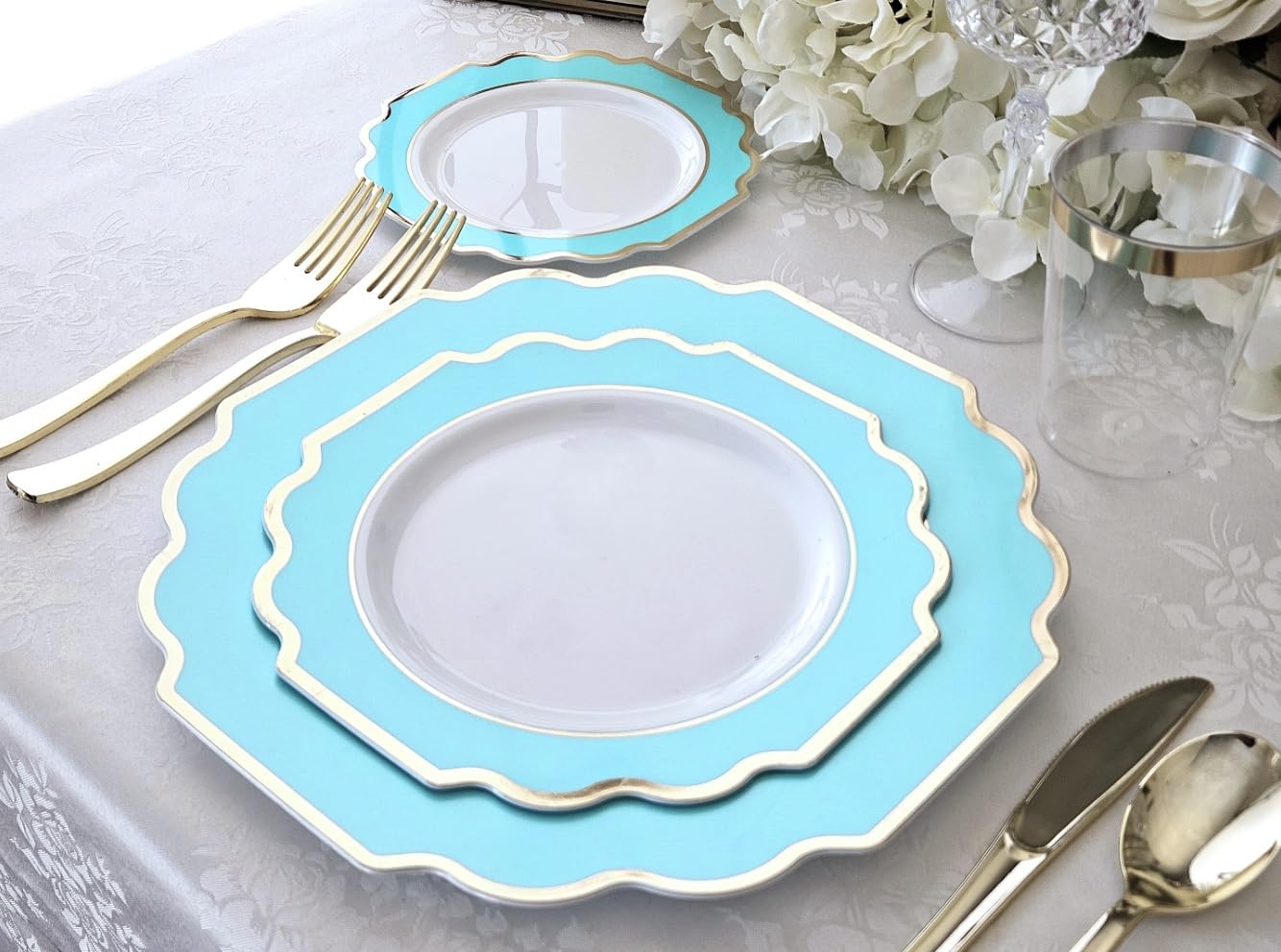 " OCCASIONS " 40 Plates Pack, Heavyweight Disposable Wedding Party Plastic Plates (10.5'' Dinner Plate, Imperial Aqua & Gold)