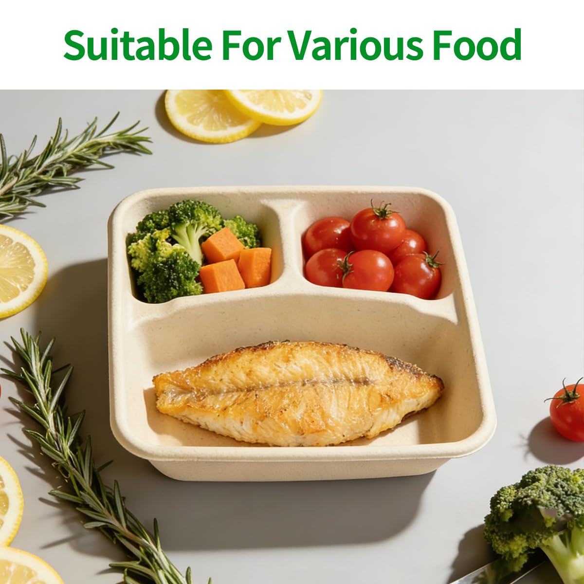 bloomoon 3 Compartment 8x8 inch Take Out Lunch Box Containers with Lids, Disposable 3 Compartment Meal Prep Bento Box Containers, 50 Bowls 50 Lids