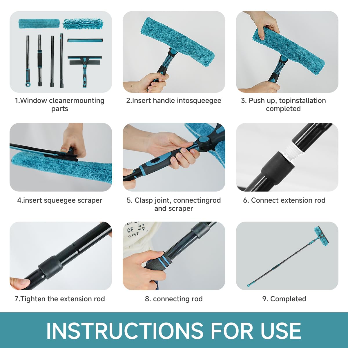 AIDELY 62" Window Squeegee, 2 in 1 Window Cleaning Tool with Telescopic Pole, Rotatable and Bendable Head for High Windows Indoor Outdoor, Includes 2