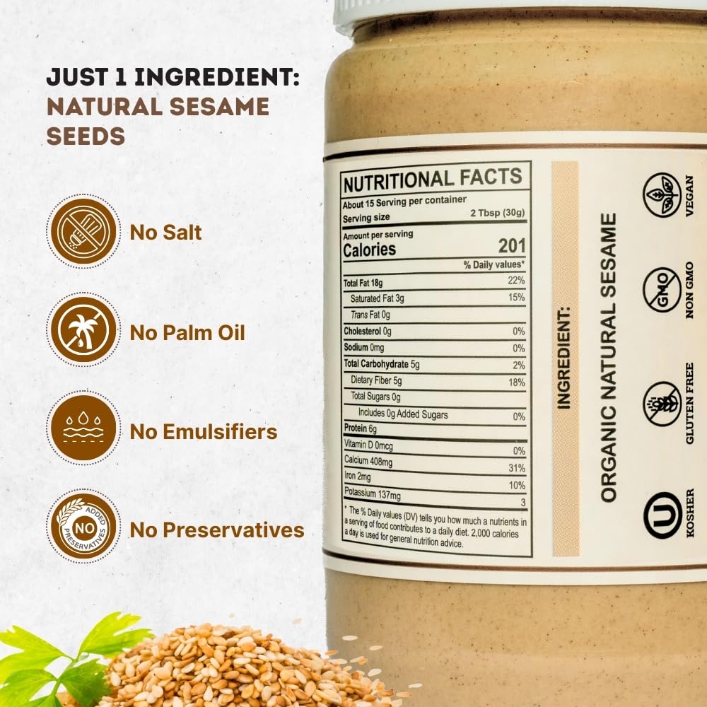 Organic Tahini Paste 16 oz (1lb) - Unhulled White Sesame Tahini Dressing - USDA Certified, Gluten Free, Kosher - Creamy Organic Tahini Sauce