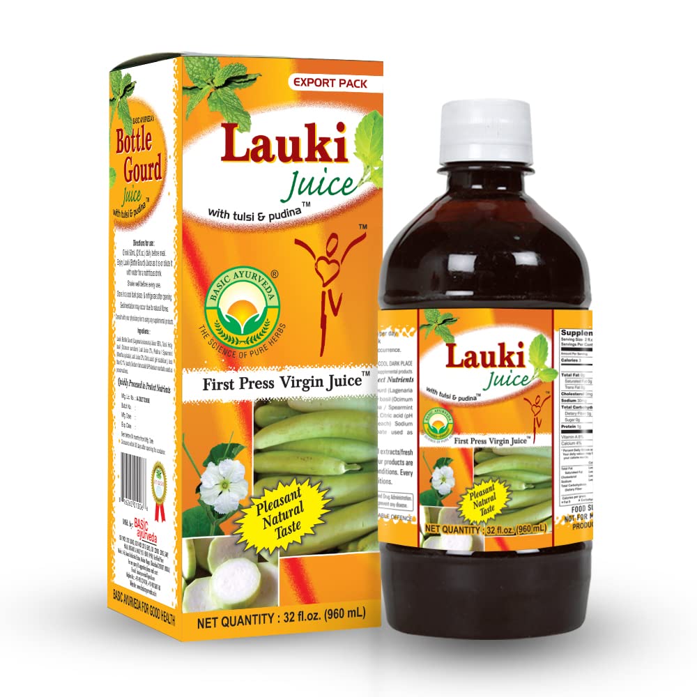 BASIC AYURVEDA Lauki (Bottle Gourd) Juice with Holy Basil & Mint Leaves | 32.46 Fl Oz (960ml) | Supports Digestion & Hair Health | Herbal Detox
