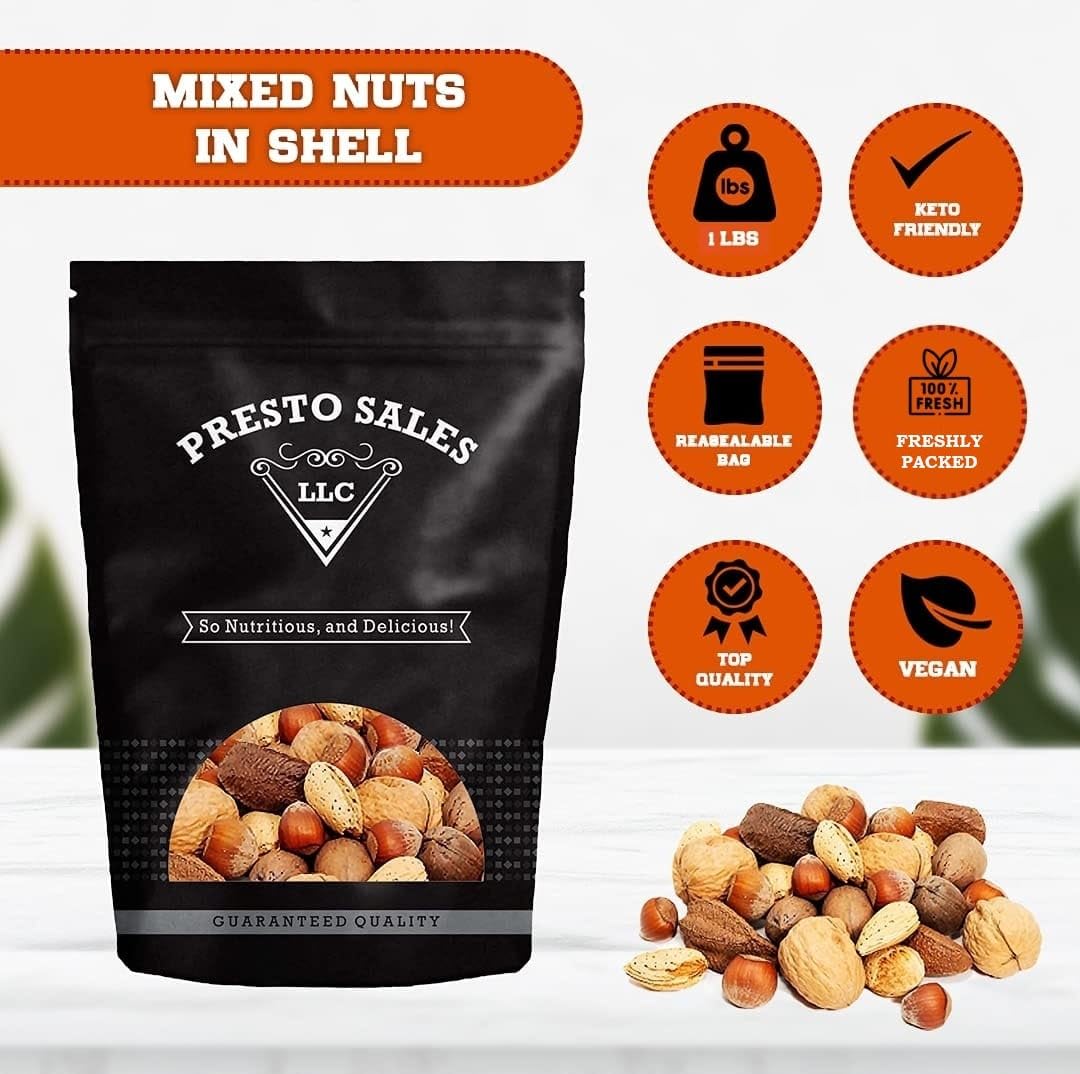 Presto Sales Mixed Nuts in Shell 16 oz | Brazil Nuts, Hazelnuts, Walnuts, Almonds and Pecan | Raw, Fresh, High Protein, All Natural Nuts Mix | Packed