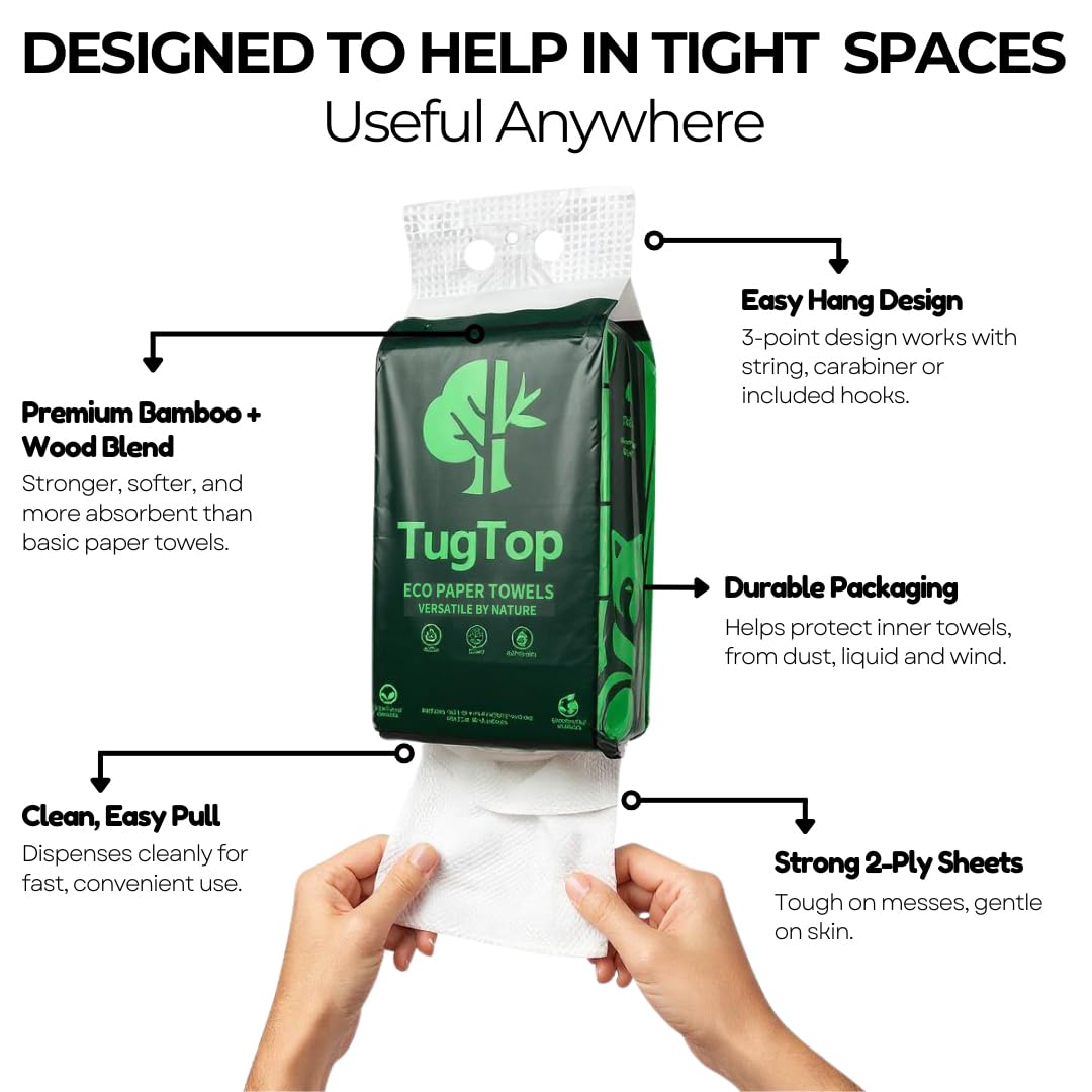 TugTop Eco Paper Towels (3 Pack, 900 Sheets + 3 Hooks) | Portable Hanging Bag Dispenser, Bamboo & Wood Blend for Car, Camping, RV, Garage, Indoors