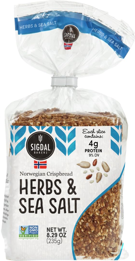 Sigdal Bakeri Herbs & Sea Salt Norwegian Wholegrain Crispbread | All Natural Non-GMO, 8.29 oz (235g) (Pack of 4)