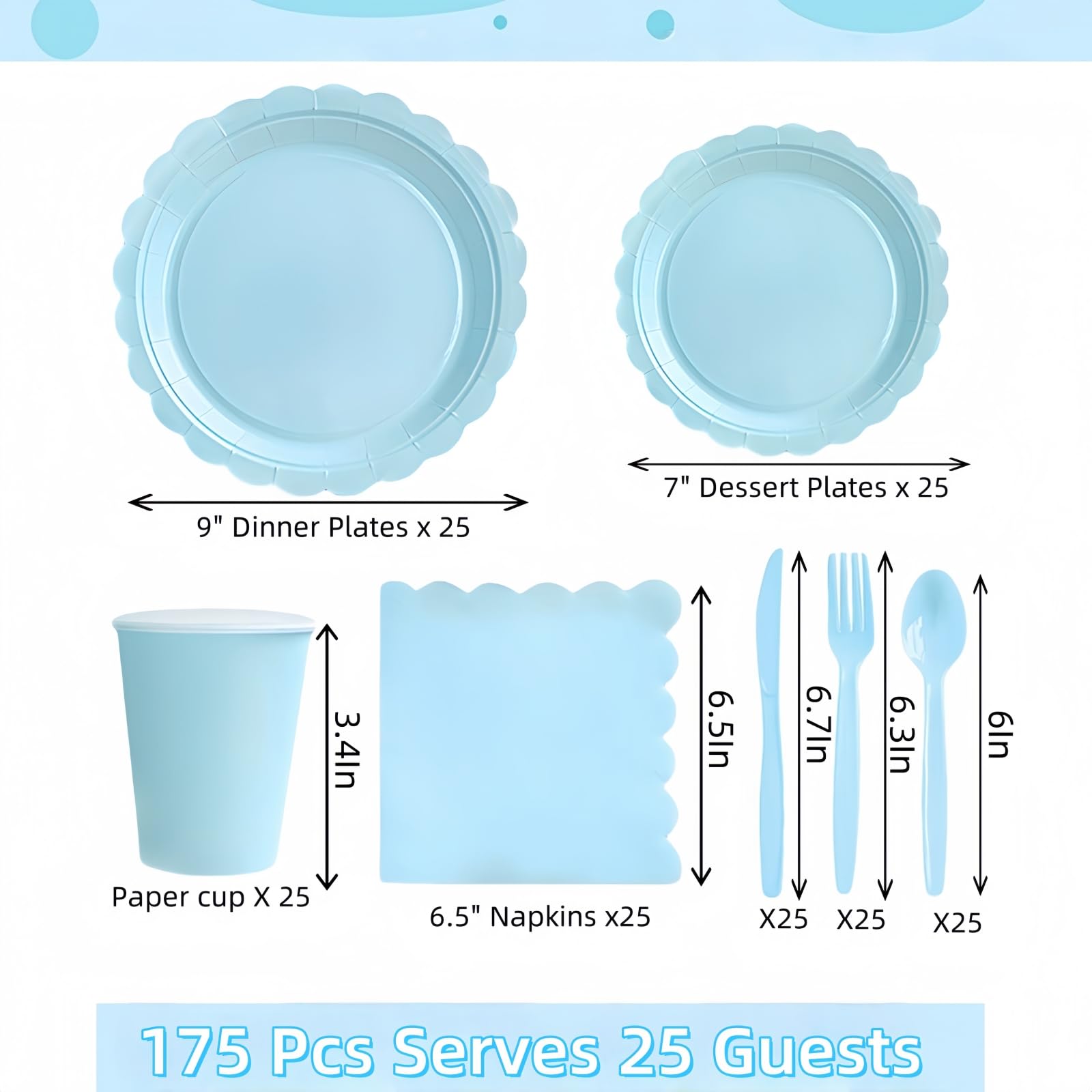 175 Pcs Blue Party Paper Plates and Cups Napkins Sets, Disposable Plates Party Supplies Includes Scalloped Plates and Napkins, Cups Plastic Spoons