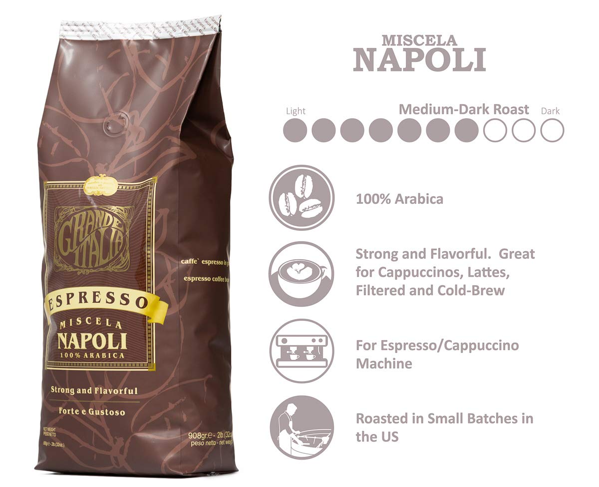 Grande Italia Espresso; Small Batch Artisan Roasted Miscela Napoli, 2 Lbs. (Pack of 2)