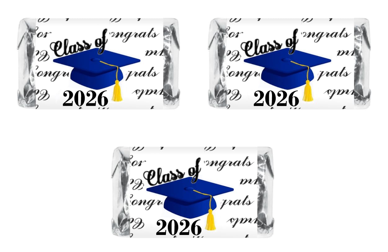 60 Graduation Cap Party Class of 2026 Miniatures Candy Bar Wrapper, (Set of 60) Mini Candy Chocolate Bar Stickers, Labels, Candy Not Included, Color