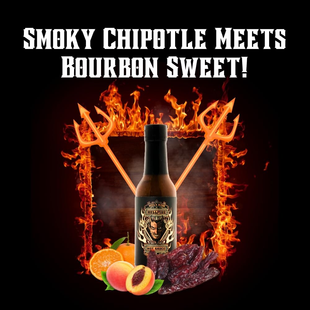 Hellfire Devil's Blend Bourbon Chipotle Hot Sauce, Bourbon Infused Chipotle Peppers, Smoked Habaneros, and Exotic Fruits and Spices, Gourmet,