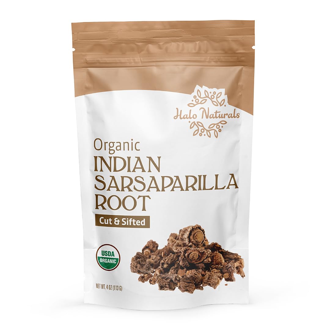 Halo Naturals Organic Sarsaparilla Root Cut & Sifted (Indian), 4 Ounces (Hemidesmus indicus) USDA Certified | Resealable Pouch| Packaged in The USA