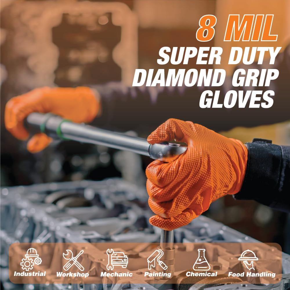 LAUCO Heavy Duty 8-Mil Industrial Orange Nitrile Gloves with Raised Diamond Texture, Large, Latex Free, Powder Free, Pack of 100 (1 Box) 87285