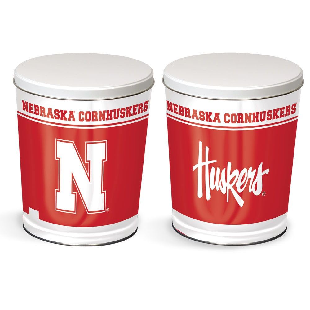 Colby Ridge 3 Way Football Popcorn Tin - White, Caramel, and Cheese Gourmet Craft Popped Gluten Free (3 Gallon - Nebraska)