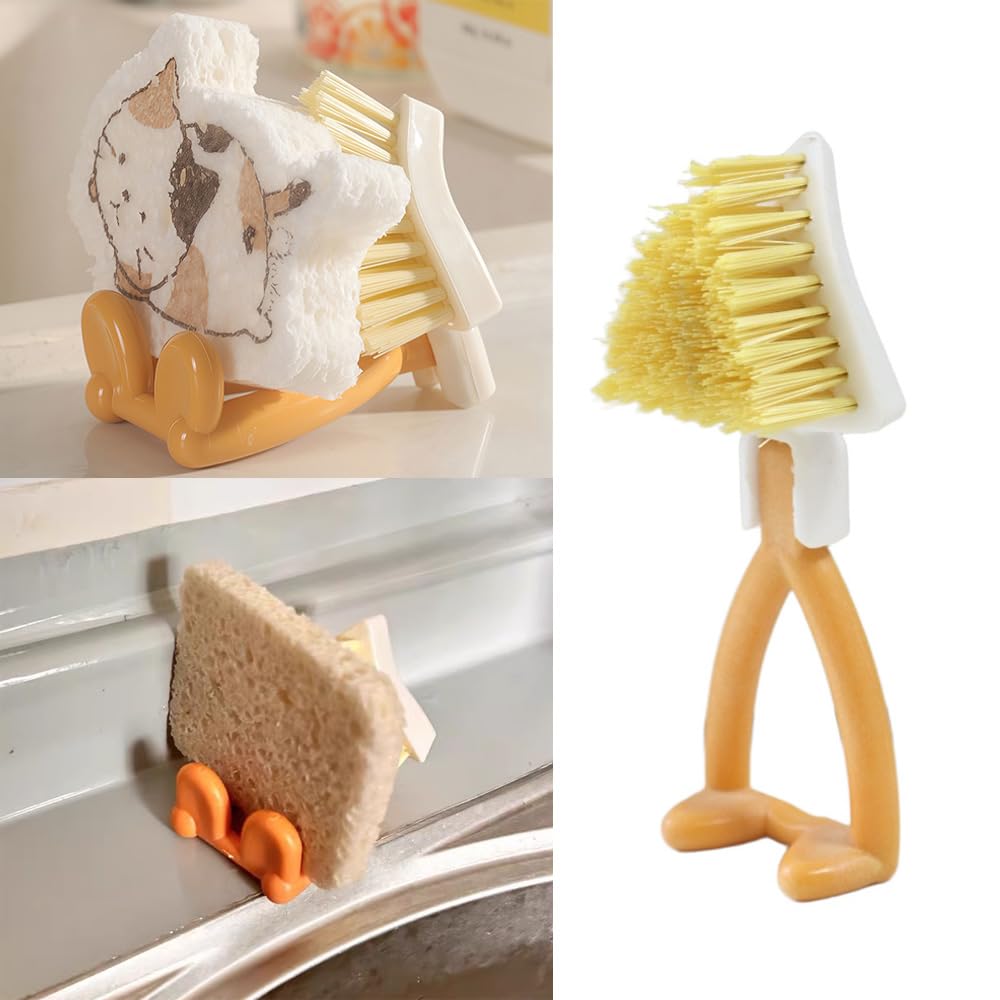 NentMent 2 Pack Kitchen Cast Iron Brush with Stiff Bristles Portable Small Skillet Scrubber Triangular Dish Brush Crevice Cleaning Brush Kitchen