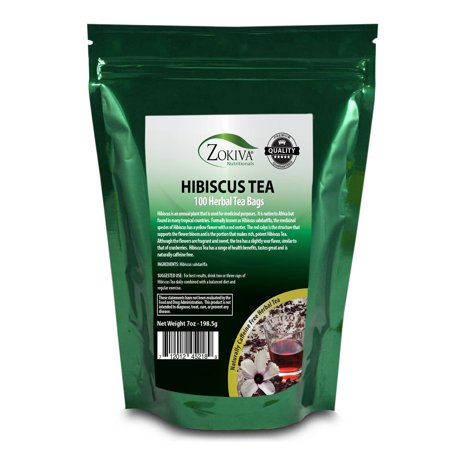 Hibiscus Tea Bags 100 Bags Total Caffeine-Free Hibiscus Sabdariffa Flowers Bursting With All-Natural Vitamins & Minerals in Pouch by Zokiva