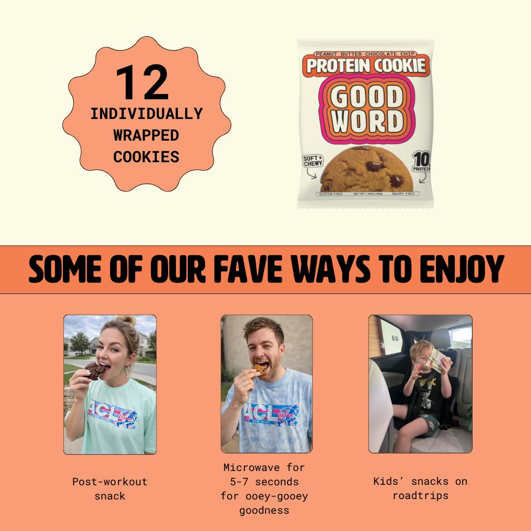 Good Word, Soft & Chewy Peanut Butter Protein Cookie, 10g Protein, Gluten Free, Dairy Free, No Refined Sugar, 1.69 oz