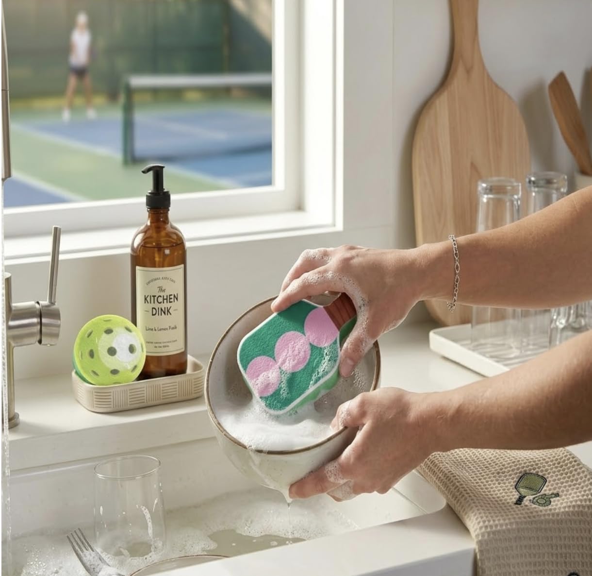 Linhome Pickleball Kitchen Dish Sponges, 2 Pack, Pickleball Paddle & Ball Shapes, Durable Layered Sponges, Non-Scratch, Quick-Dry, Fun Kitchen Gift
