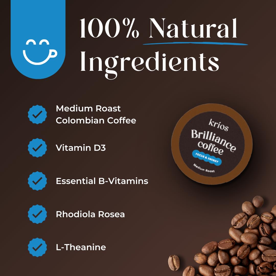 Krios Coffee Brilliance Coffee Pods, Enhance Energy & Focus with Essential Vitamins, L-Theanine, Bacopa Monnieri & Rhodiola Rosea, Medium Roast