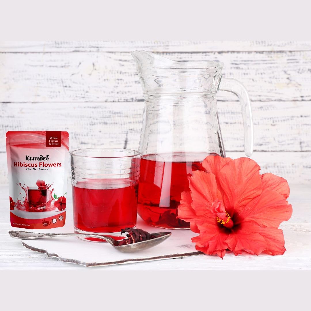 KomBei Whole Dried Hibiscus Flowers Loose Leaf Tea - Flor de Jamaica Natural (8oz) | Hibiscus Sabdariffa Whole Flowers & Petals | Dried Hibiscus Tea |