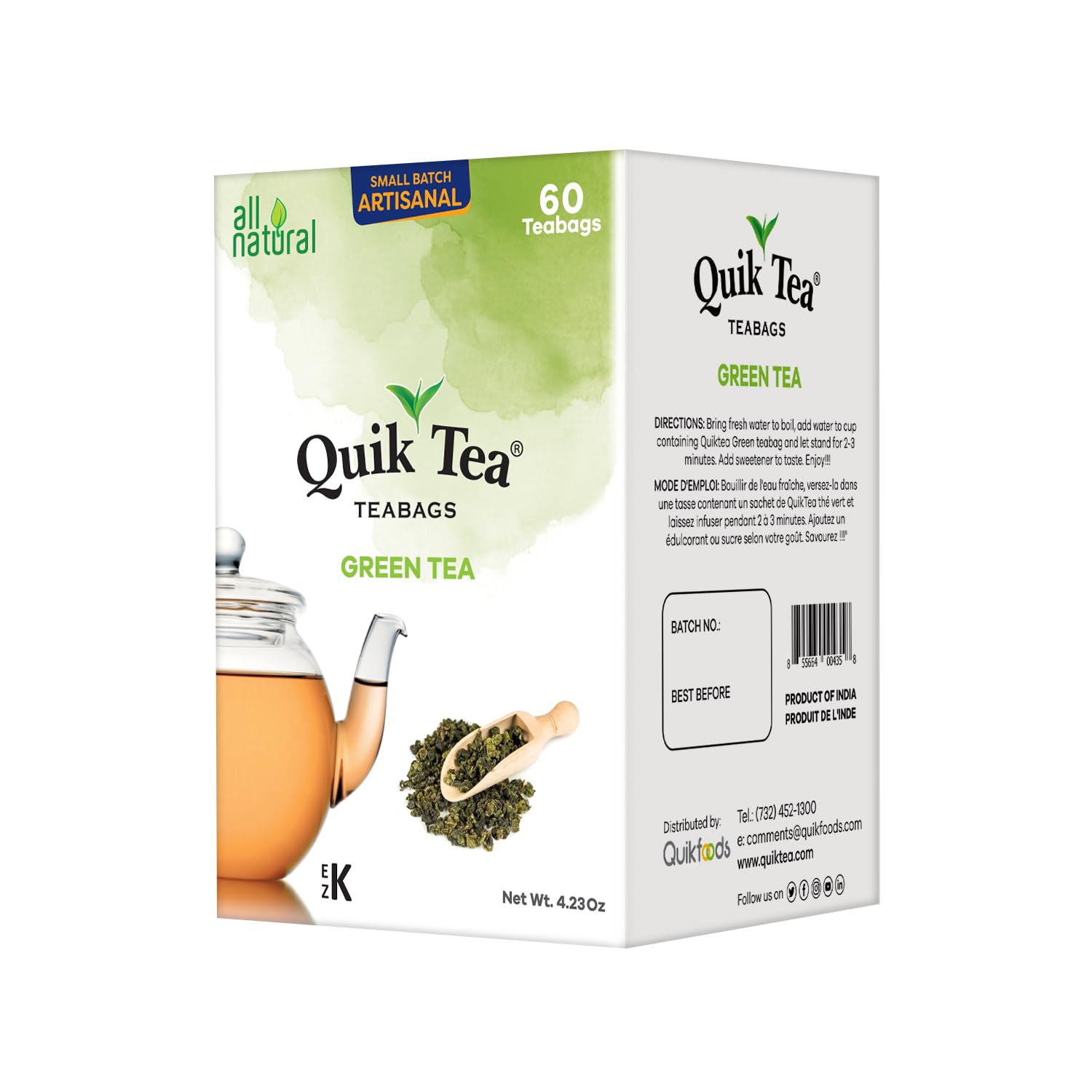 QuikTea Tea Bags- Pure and simple premium Assam Green Tea - 60 Count - All Natural, Naturally Rich in Antioxidants, Preservative Free, Kosher