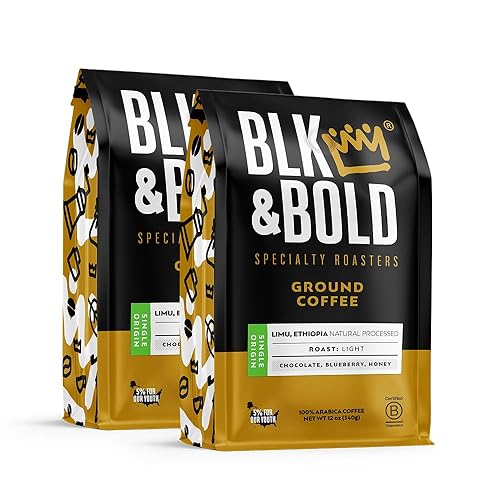 BLK & Bold Ground Coffee, Limu Ethiopia Light Roast, Single Origin, Chocolate Blueberry Honey Notes, For Drip Coffee Maker, French Press & Coffee Pot
