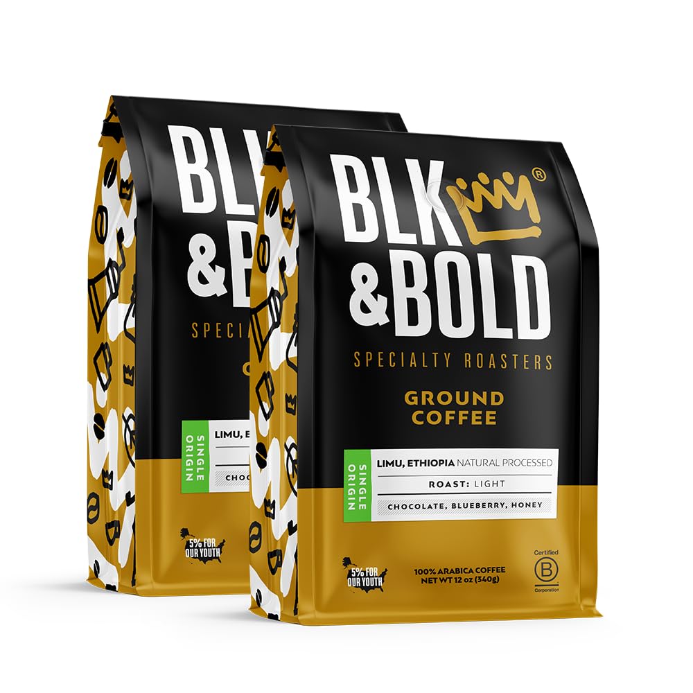BLK & Bold Ground Coffee, Limu Ethiopia Light Roast, Single Origin, Chocolate Blueberry Honey Notes, For Drip Coffee Maker, French Press & Coffee Pot