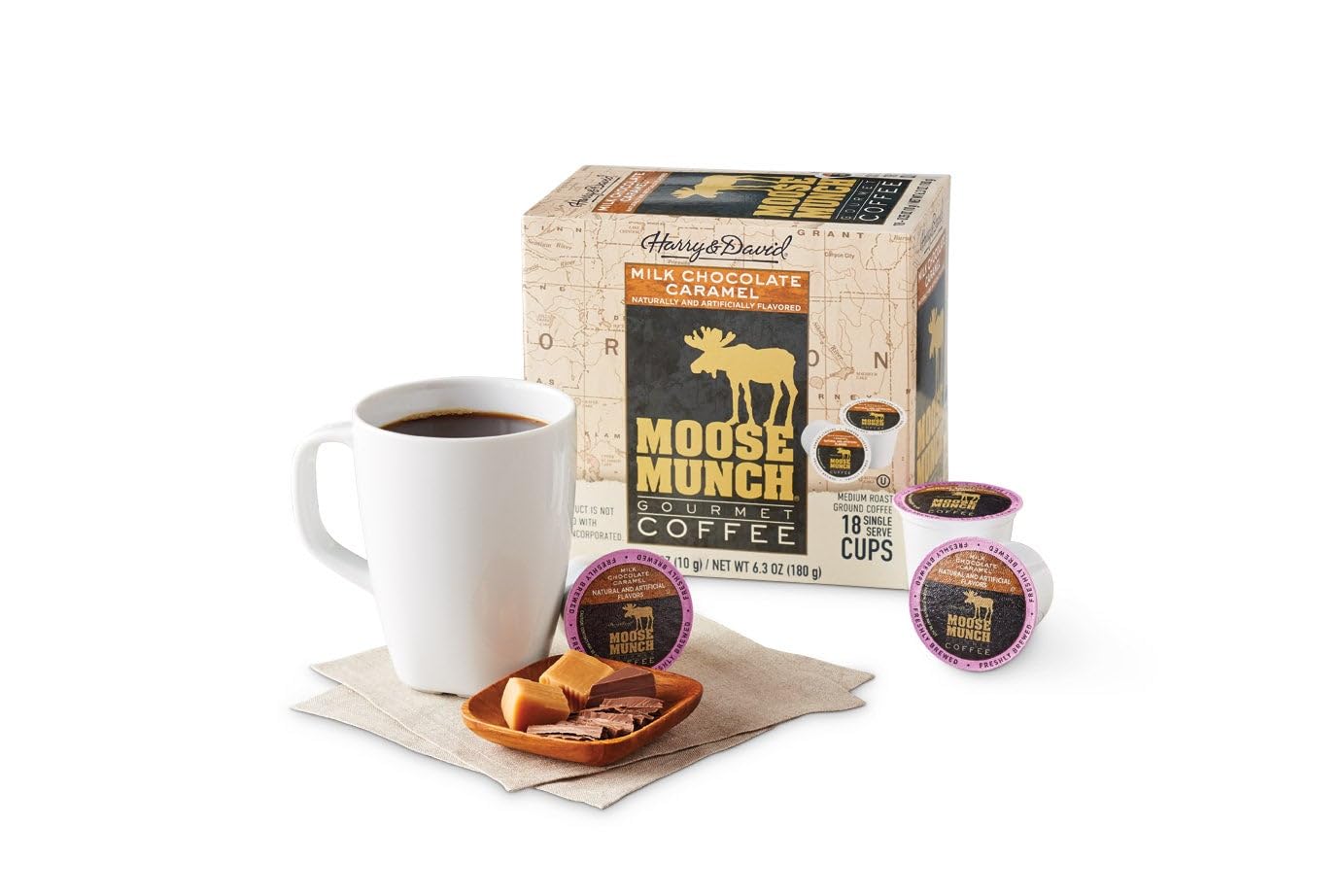 Moose Munch Milk Chocolate Caramel Single-Serve Coffee By Harry & David (18 Cups), Moose Munch Coffee, Caramel Coffee, Single Serve Coffee, Milk