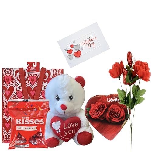 Valentines Day Gift Basket Set | 9 Inch (White Or Red) Teddy Bear Plush Hershey's Kisses Milk Chocolate | Elmer Heart Shaped Chocolate | Artificial