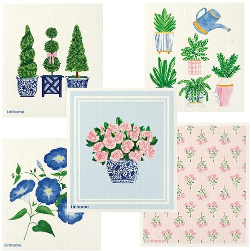 Linhome Garden Collection Swedish Dishcloth, Reusable Paper Towel, Super Absorbent Cellulose Sponge, Kitchen Cleaning Cloth, Washable & Compostable