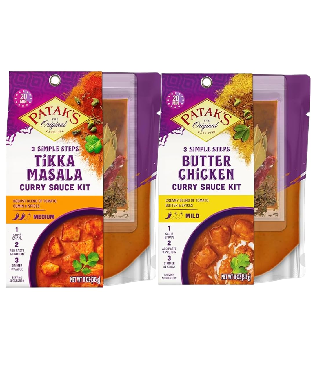 Patak’s 3-Step Curry Sauce Kit Variety Pack (1 Tikka Masala, 1 Butter Chicken) - Vegetarian Meal Kit for Easy Home Cooking - Includes Whole Spices