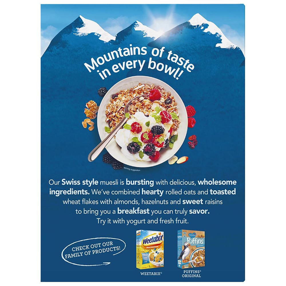Alpen Muesli No Sugar Added Cereal, Heart Healthy Cereal with Wheat Flakes, Rolled Oats, Nuts and Raisins, Non-GMO Project Verified, 14 OZ Box (Pack