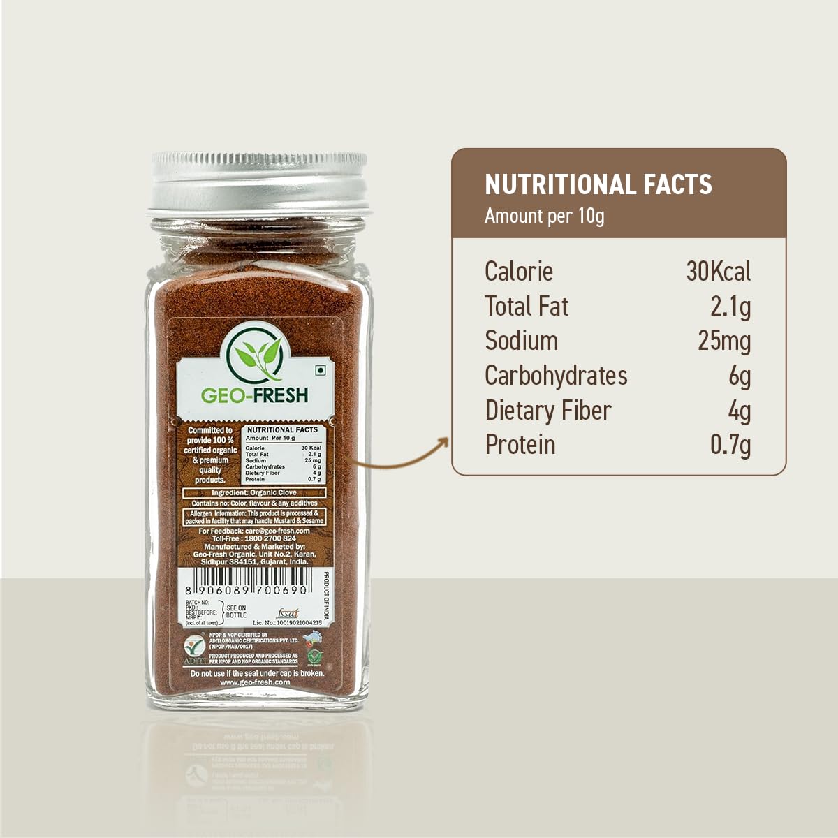Geo-Fresh Organic Clove Powder - 1.59 oz Glass Jar - Ground Cloves - USDA Certified, Non-GMO, Kosher, Gluten-Free - Premium Organic Cloves Powder