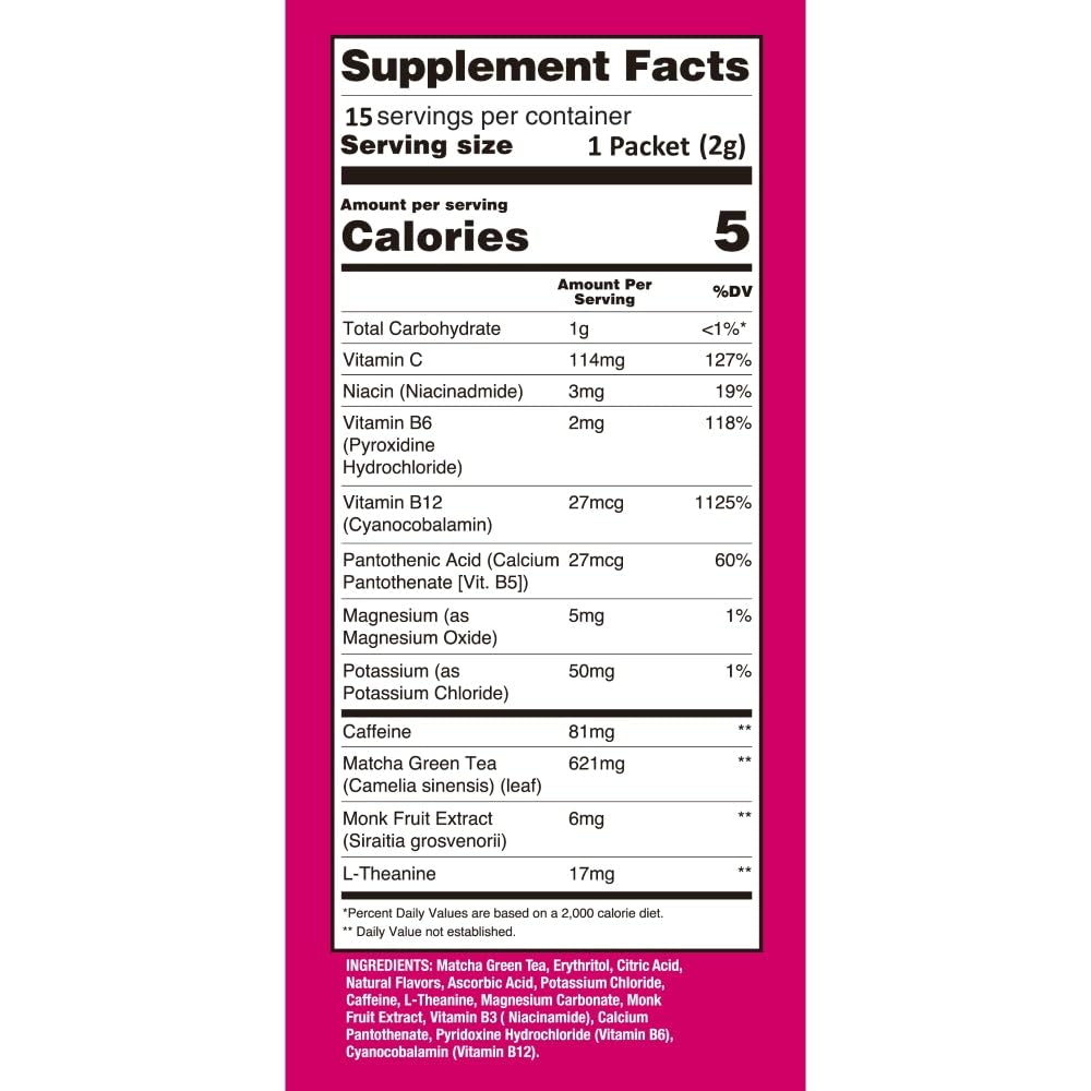 Ujido Matcha Energy Packets, Lemon Flavor, Sugar-Free, Monkfruit, Non-GMO, Antioxidant, Keto & Vegan, 2g x 15 Count