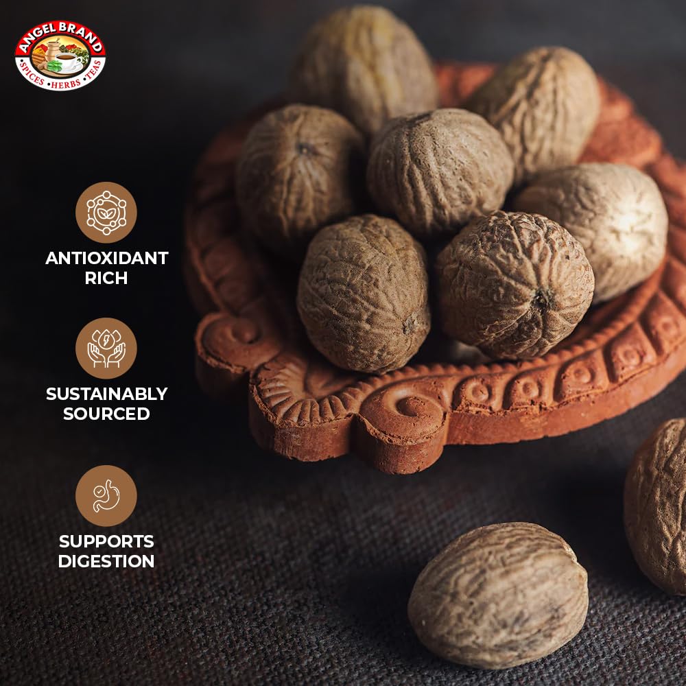 Angel Brand Whole Nutmeg 4 oz Pouch - Premium Nutmeg Spice for Baking, Cooking, Desserts, and Spice Blends.