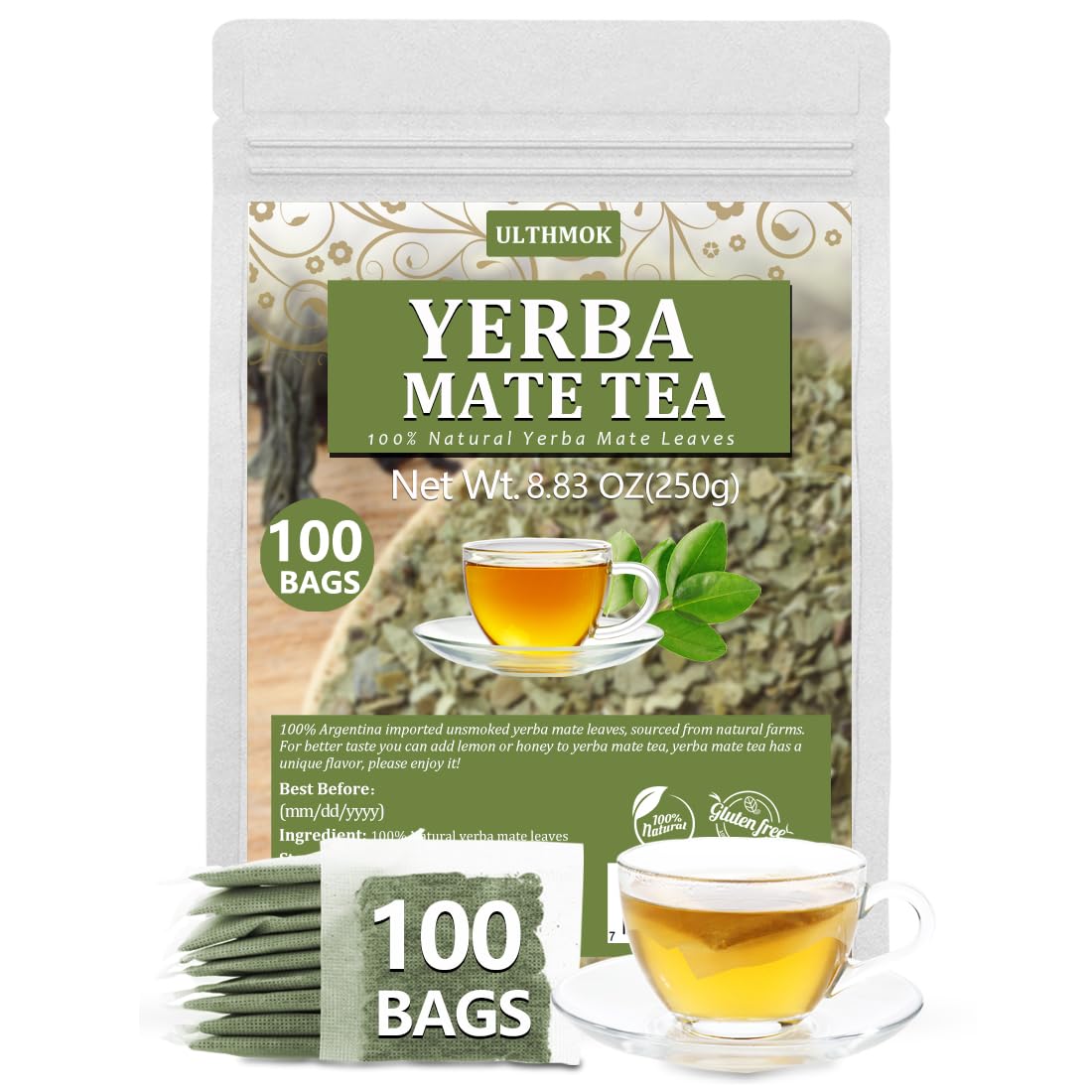 Premium 100 Unsmoked Yerba Mate Tea Bags, Made with 100% Pure Yerba Mate Leaves, No Additives & Caffeine Free.