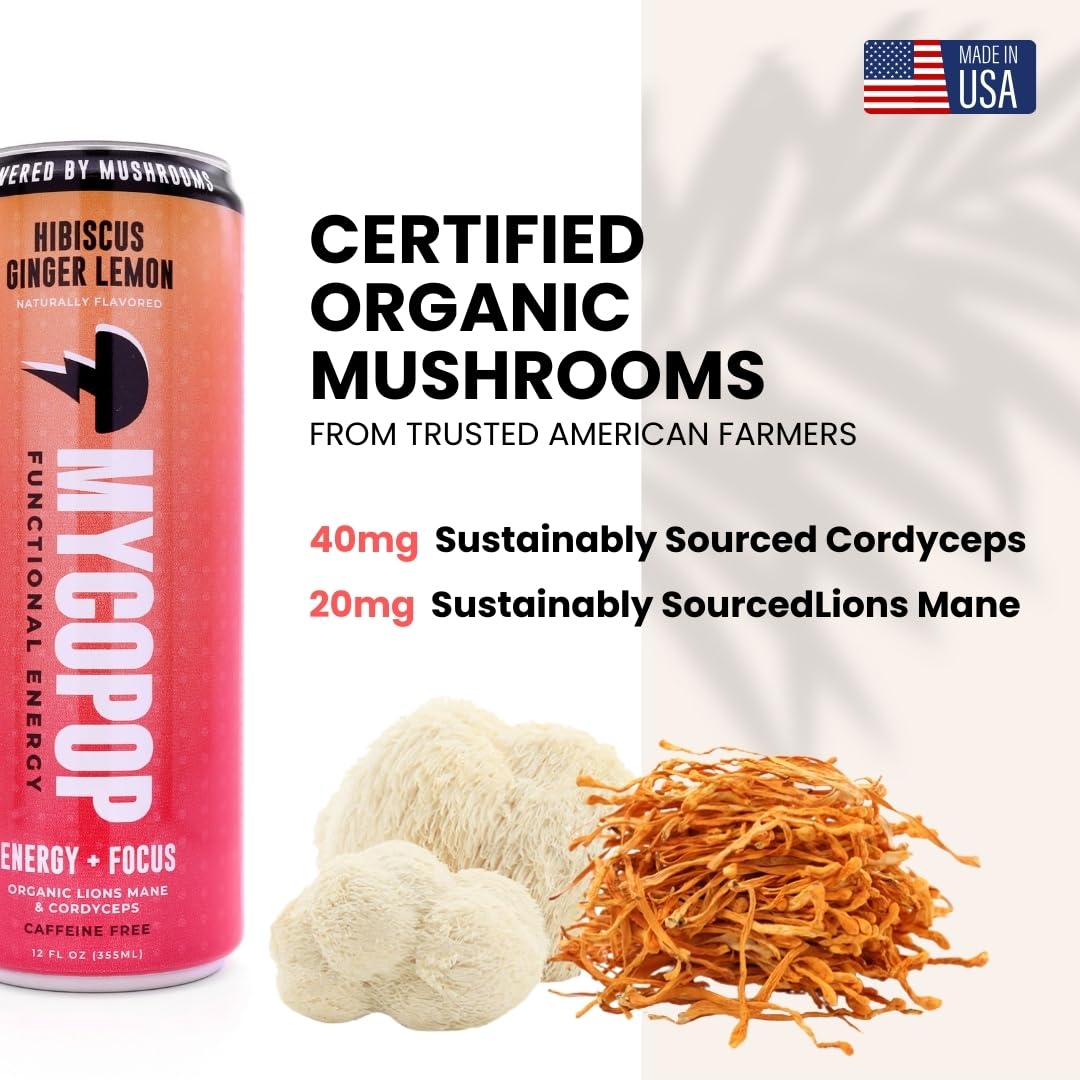 Mycopop Functional Mushroom Energy Drink, Caffeine-Free, 25 Calories, with Lions Mane & Cordyceps, Hibiscus Ginger Lemon Flavor, 12 fl oz