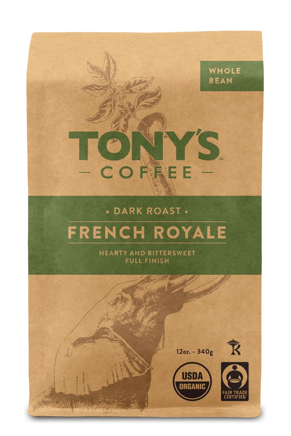 Tony's Coffee, French Royale (12oz), Dark Roast Whole Bean Coffee, Organic and Fair Trade