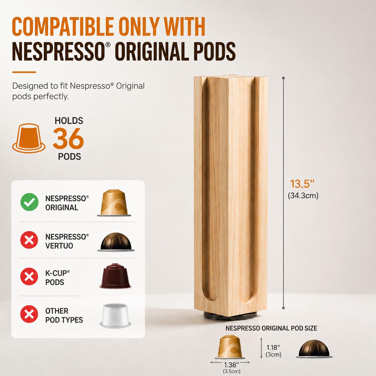 VOMELON Wooden Coffee Pod Holder Compatible with Nespresso Original Pods,Rotating Vertical Carousel Pod Holder Coffee Station Countertop Organizer