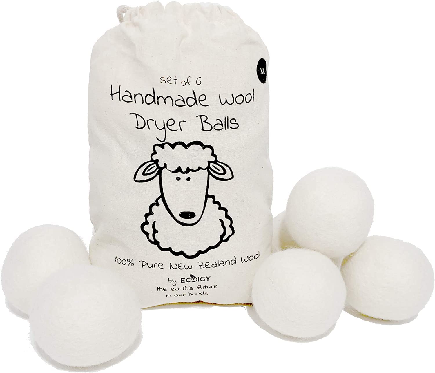 Wool Dryer Balls XL 6-Pack - 100% Pure New Zealand Wool, Ecoigy Natural Fabric Softener, Reduces Wrinkles & Drying Time, Ideal for Essential Oils