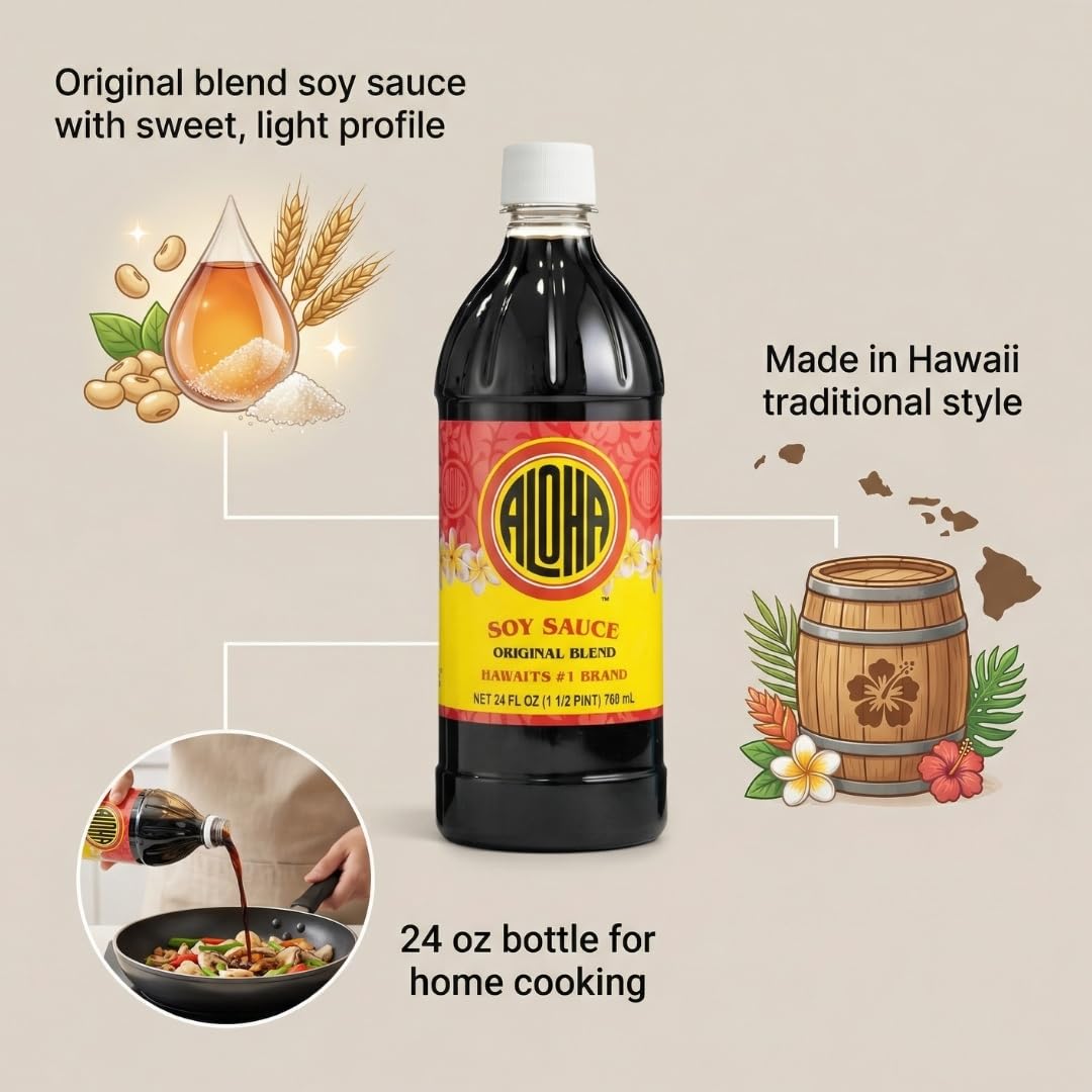 Aloha Shoyu Original Blend Soy Sauce (24 oz) Bottle - Pack of 1 - Shoyu Asian Sauce for Dumpling and Eel - Dark Soy Low Sodium Style - Ponzu