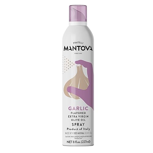 Mantova Extra Virgin Olive Oil Spray Garlic Flavored 8 oz. Spray Bottle - Manage Oil Amount - Great For Salads & Cooking