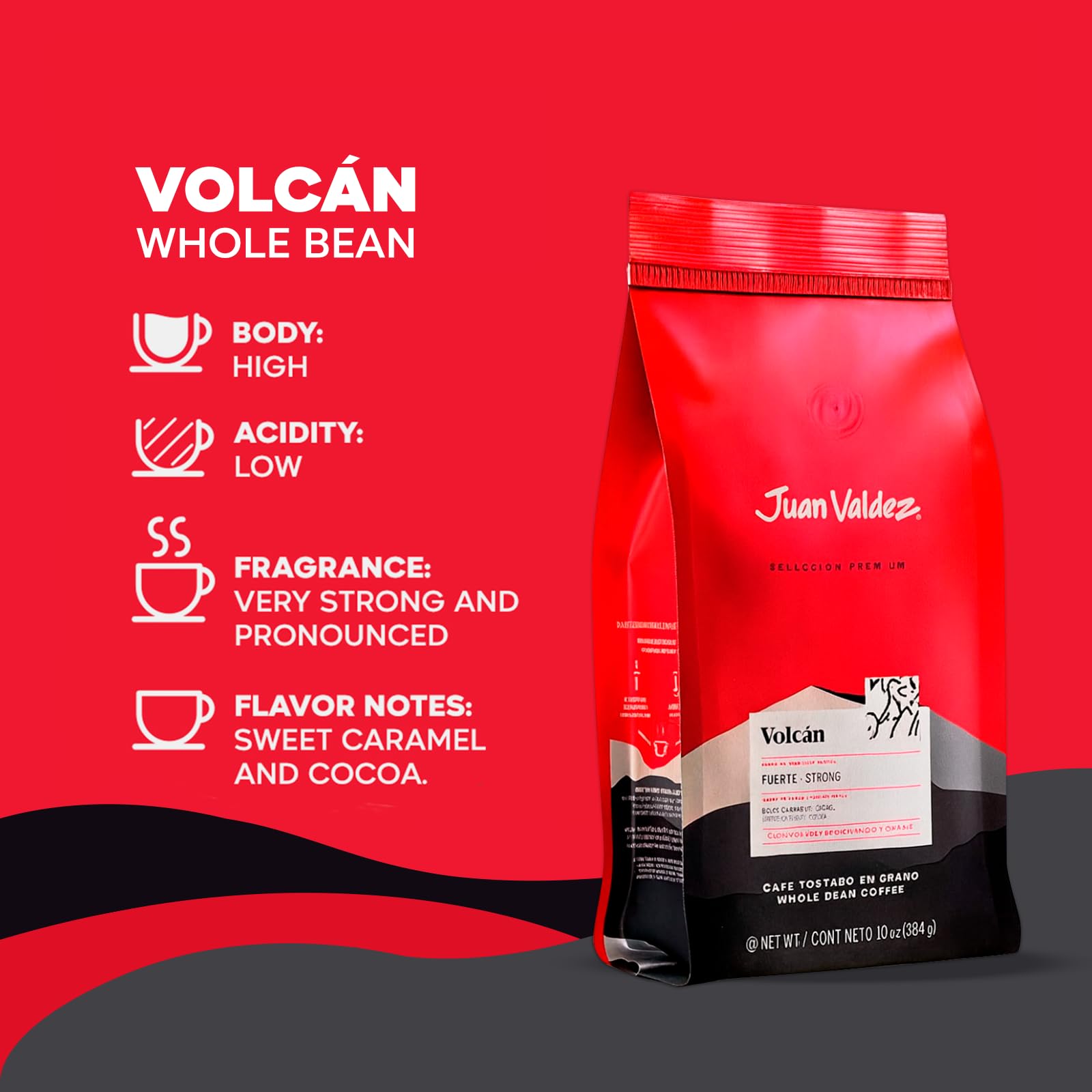 Juan Valdez Volcan Whole Bean Coffee - Dark Roast | 100% Colombian Arabica Beans | 100% Colombian Coffee with Low Acidity and Notes Of Sweet Caramel