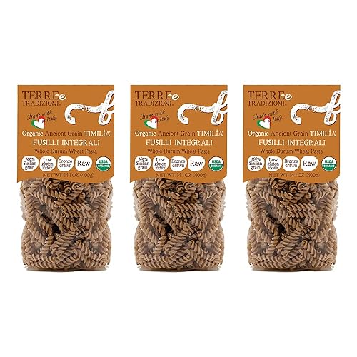 3 PACKS ORGANIC ITALIAN WHOLE DURUM WHEAT FUSILLI PASTA - Sicilian Ancient Grain Timilia Vegan Pasta Crafted in Italy. LOW-GLUTEN INDEX. Has 6X More