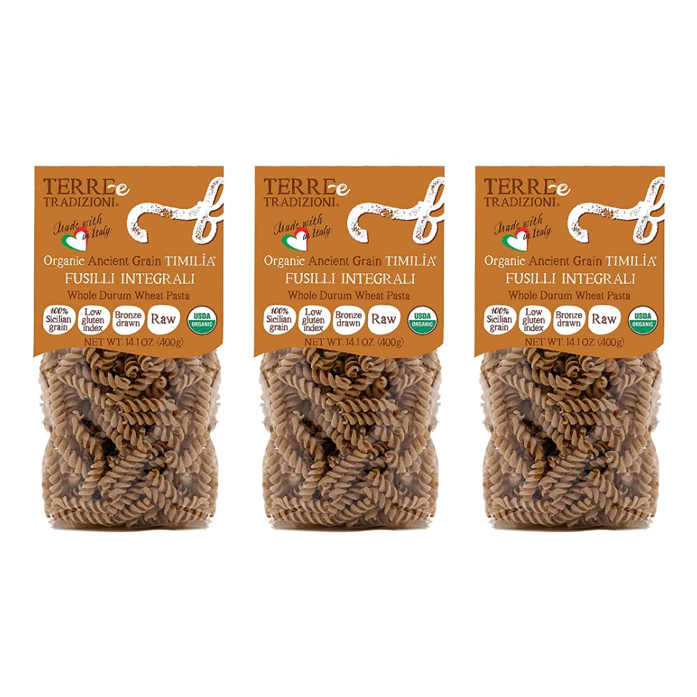 3 PACKS ORGANIC ITALIAN WHOLE DURUM WHEAT FUSILLI PASTA - Sicilian Ancient Grain Timilia Vegan Pasta Crafted in Italy. LOW-GLUTEN INDEX. Has 6X More