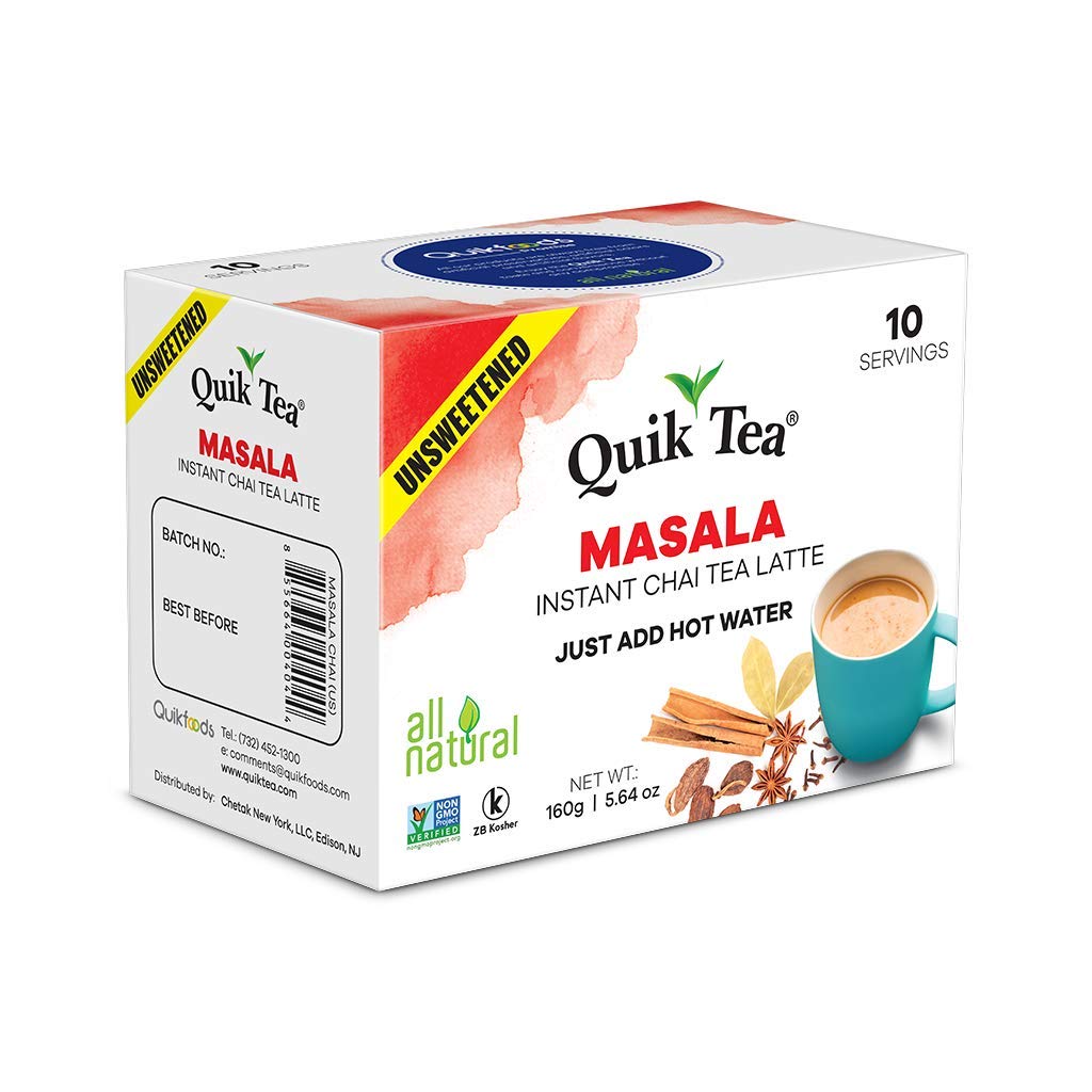 QuikTea Unsweetened Masala Chai Tea Latte - 100 Count (10 Boxes of 10 Each) - All Natural Preservative Free Authentic Instant Chai