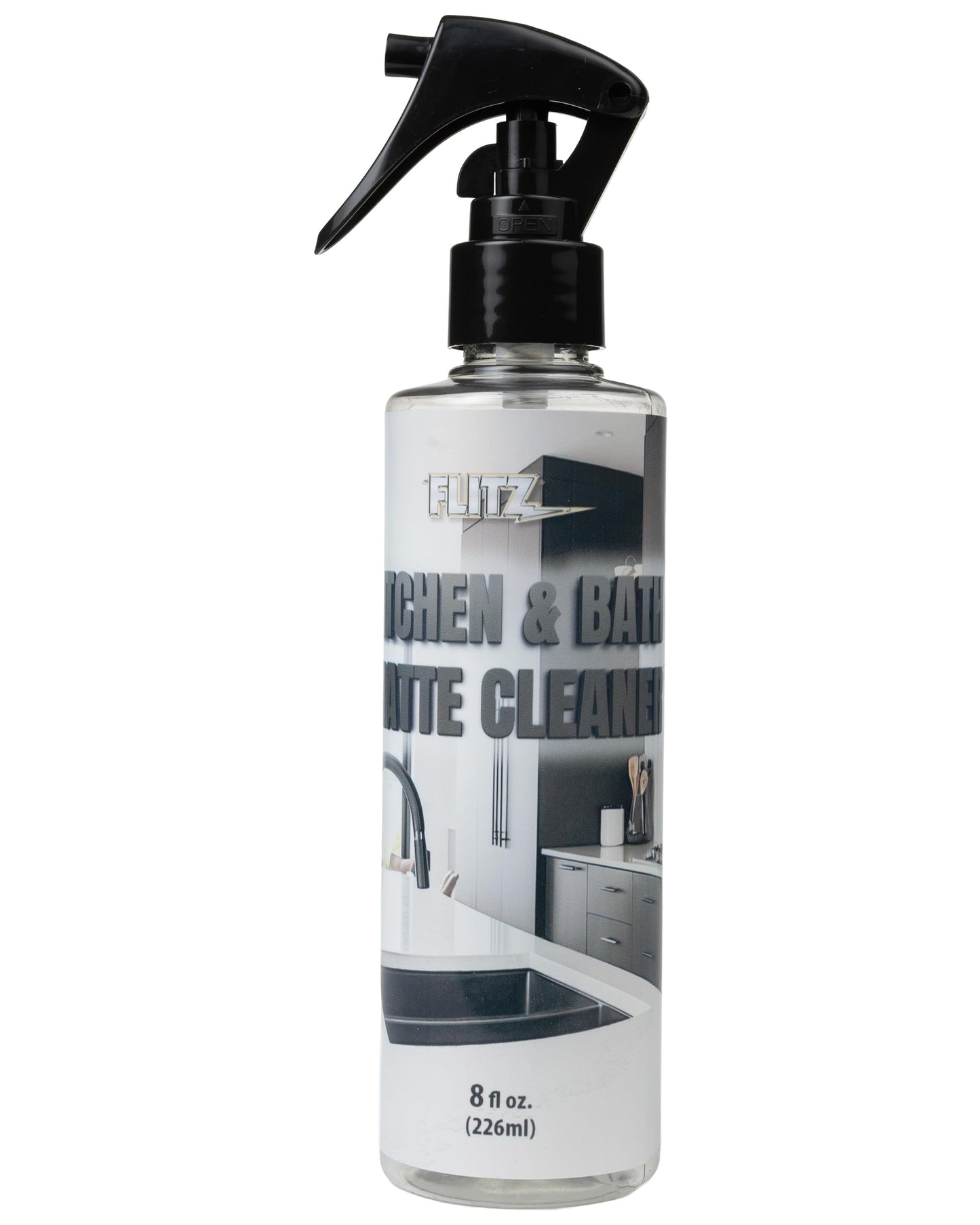 FLITZ Kitchen & Bath Matte Cleaner - 8oz of USA-Made Non-Abrasive Matte Black Cleaner - Removes Light Grease, Smudges, and Water Spots - Water-Based