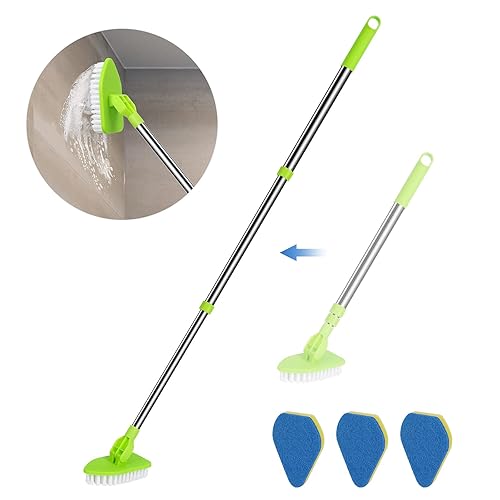 JDNOZW 2 in 1 Scrub Cleaning Brush with 37” Long Extendable Handle,1 Stiff Bristle and 3 Sponge Brushes, Lightweigh Detachable Shower Scrubber