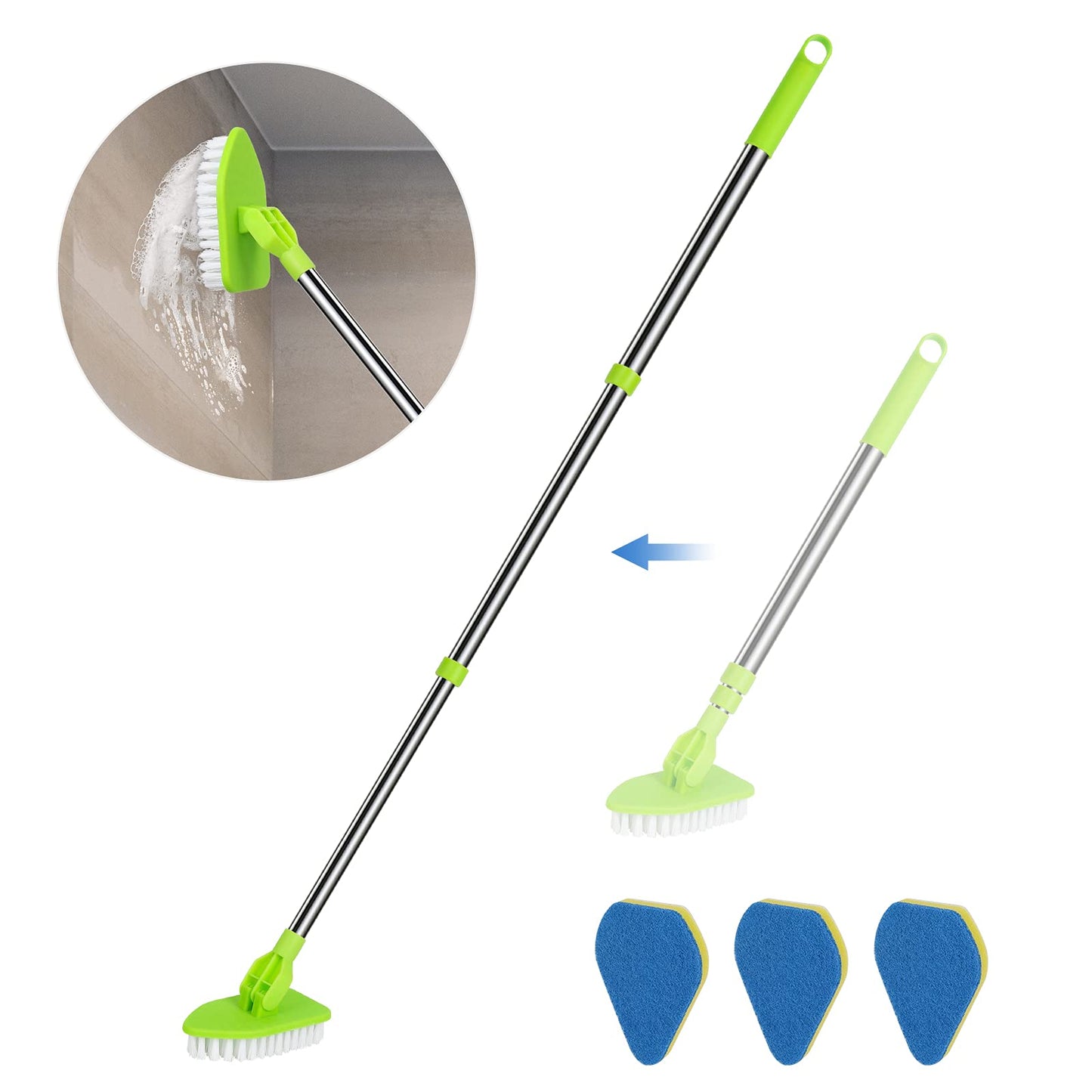 JDNOZW 2 in 1 Scrub Cleaning Brush with 37” Long Extendable Handle,1 Stiff Bristle and 3 Sponge Brushes, Lightweigh Detachable Shower Scrubber