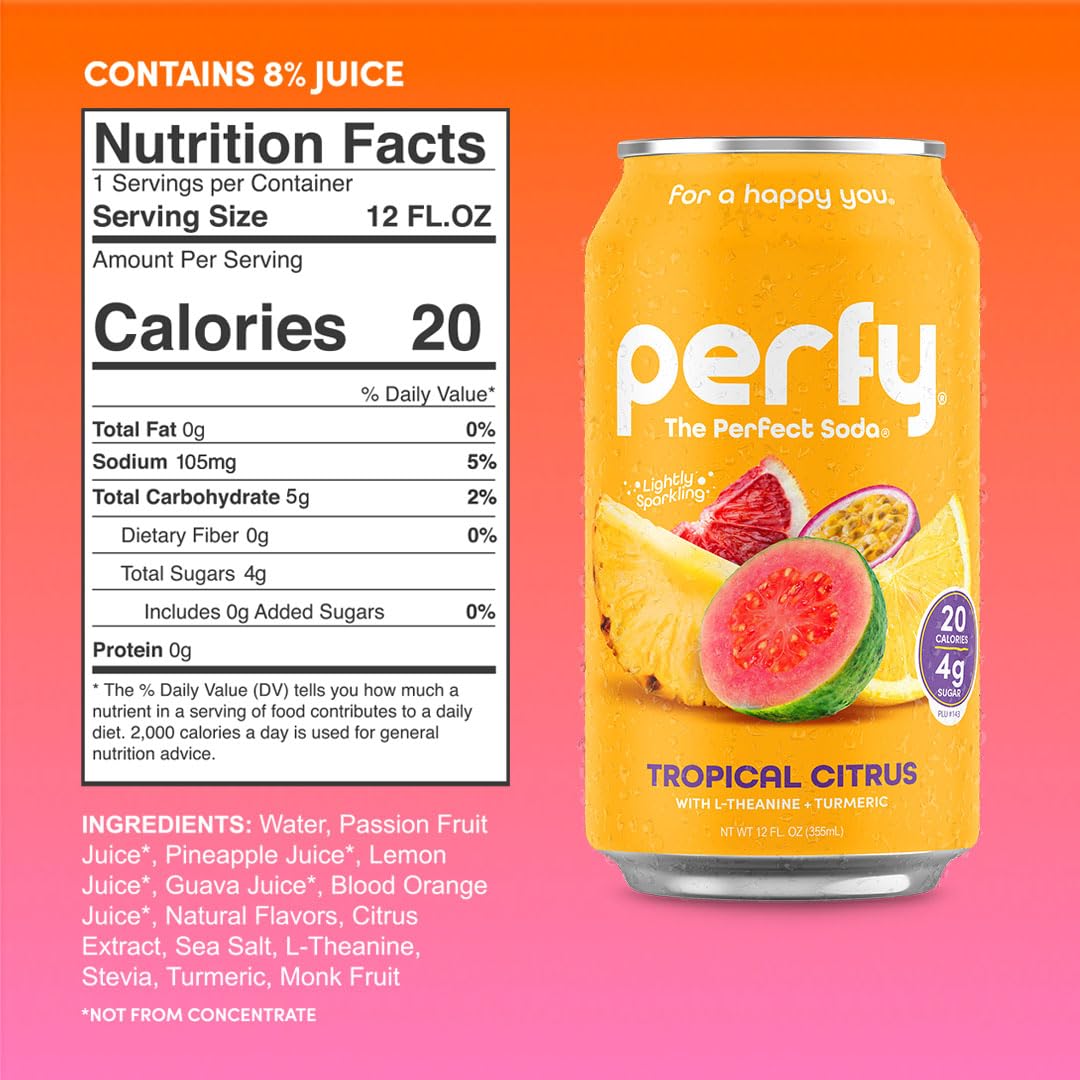 PERFY Nootropic Calm Soft Soda Drink Variety Pack | 4 Flavors: Dr. Perfy, Blood Orange Yuzu, Tropical Citrus, Fruit Punch (12oz Cans) | L-Theanine +