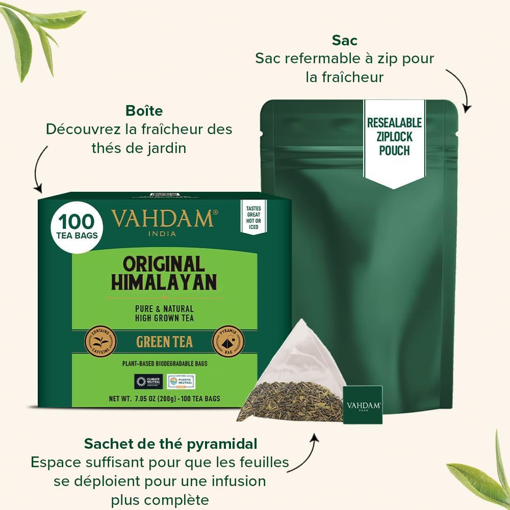 VAHDAM, Organic Himalayan Green Tea (100 Count) High Grown, Non GMO, Gluten Free, Low Caffeine | Earthy & Smooth | Resealable & Plant-Based Pyramid