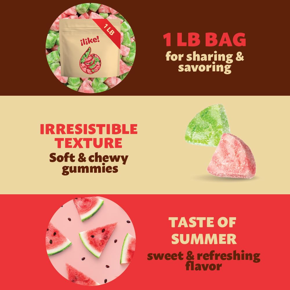 Sour Watermelon Candy | 1 Pound Pack | Sugar Coated Gummy Candy Fruit Snacks | Juicy Watermelon Slices | Sweet and Tangy Flavor Gummies